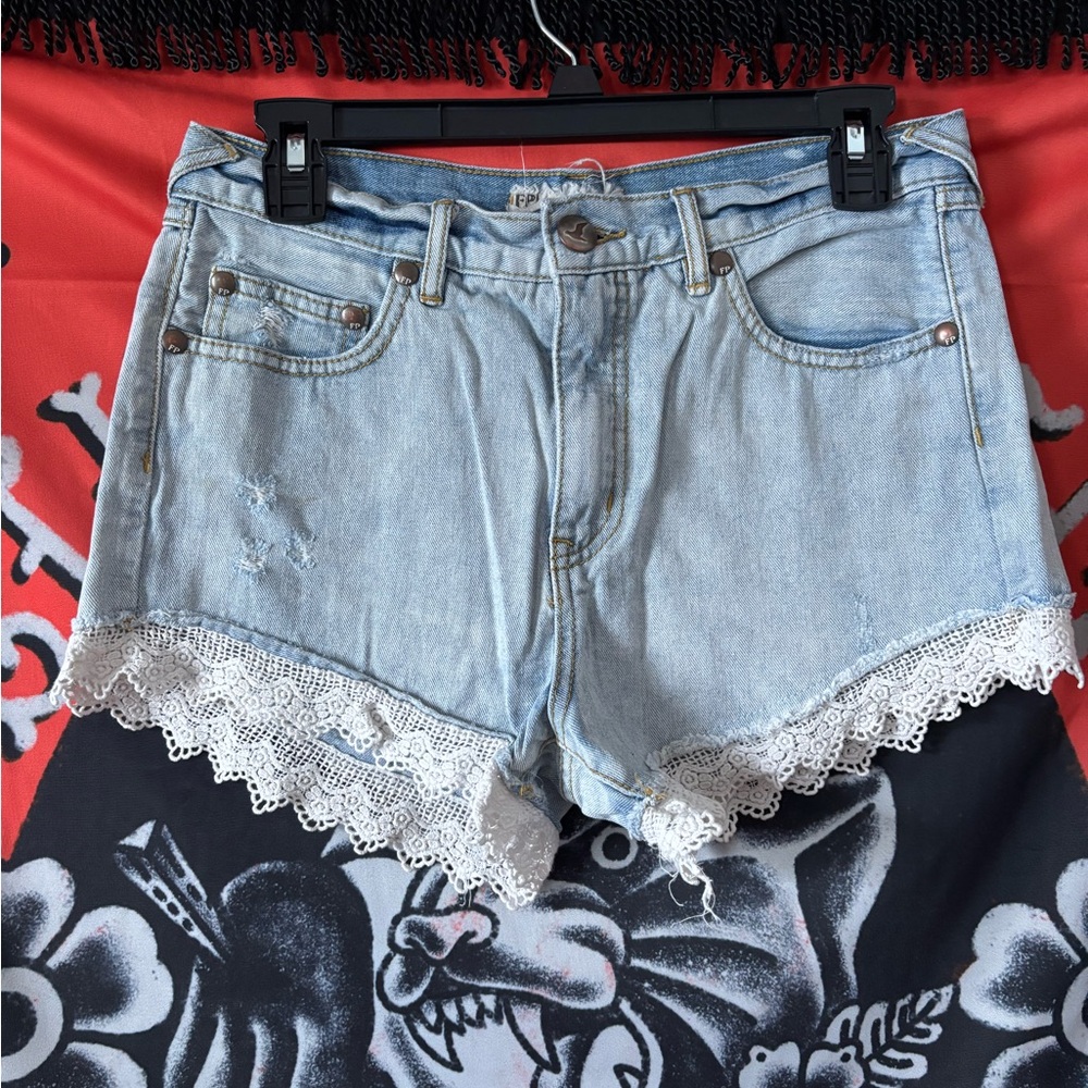 Free People Light Wash Denim Lace Trim Shorts